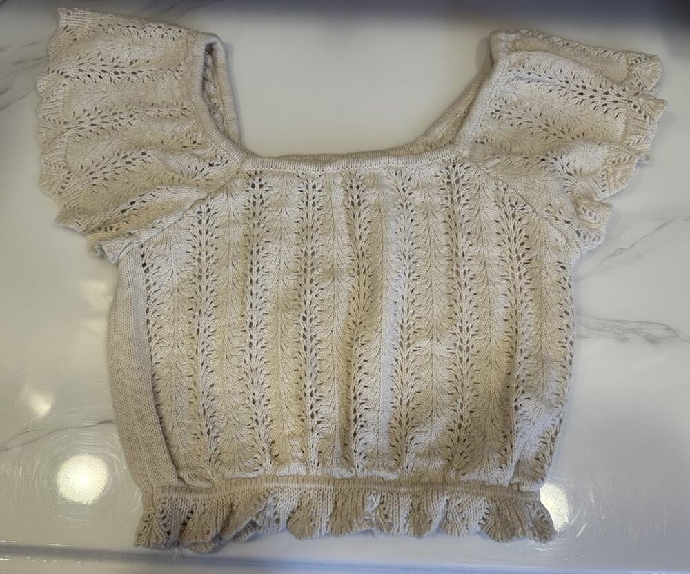 Crochet Crop Top Shirt Square Neck Freshman 1966 Full Short Sleeves Large? Boho